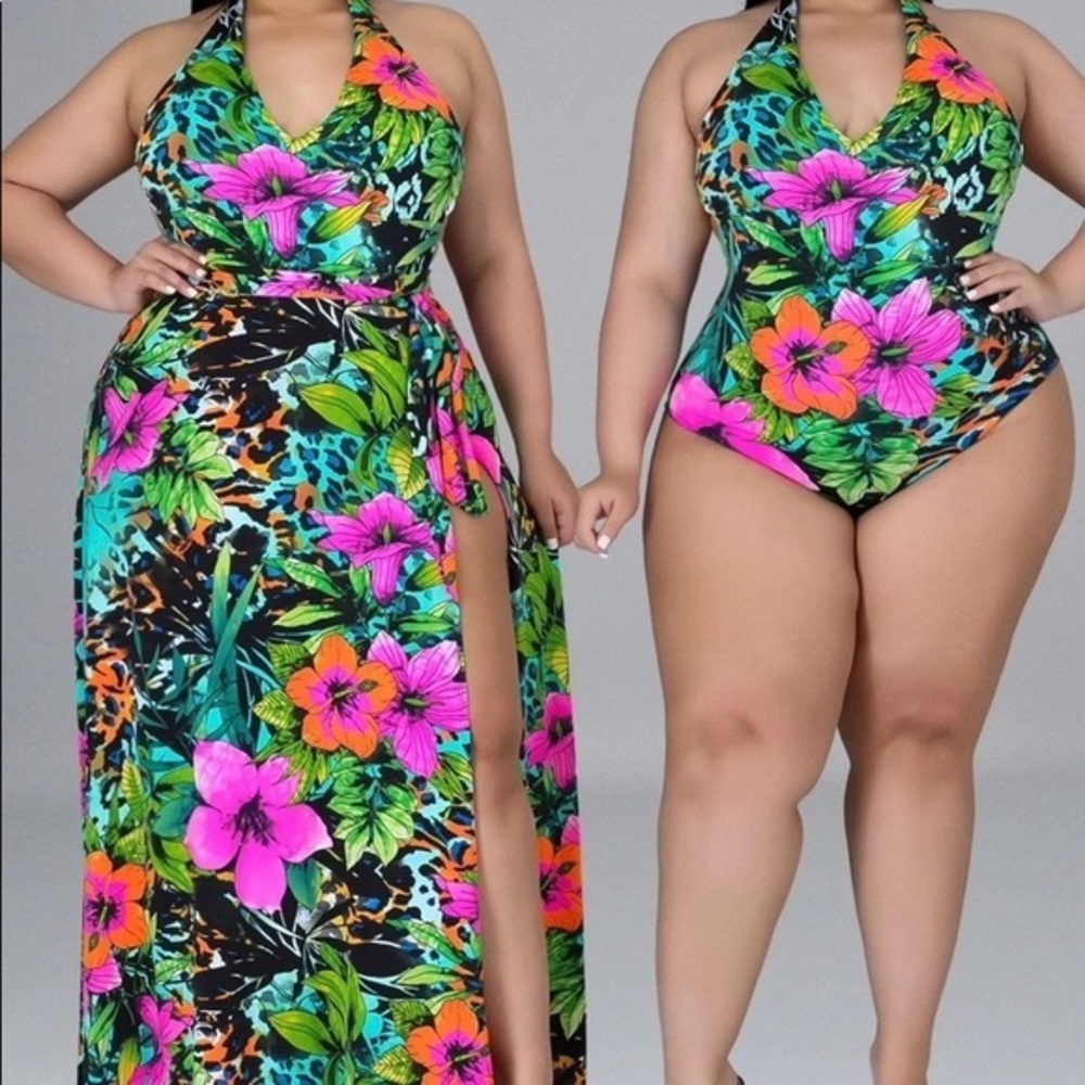 Floral Bathing Suit and Skirt Set